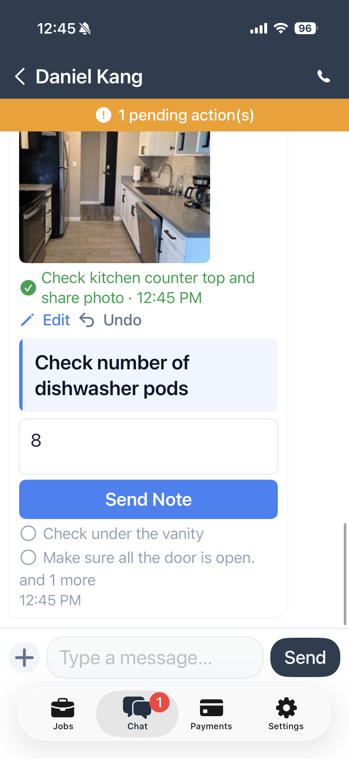 Crew app action message asking for a typed count