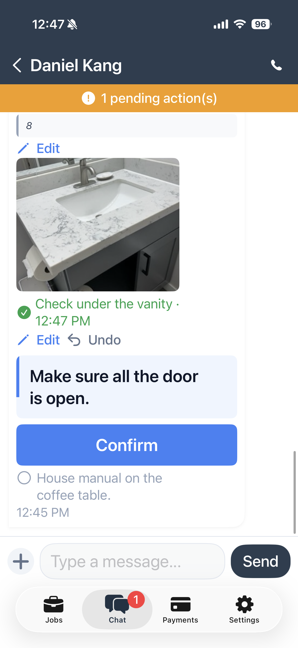 Crew app action message asking for confirmation