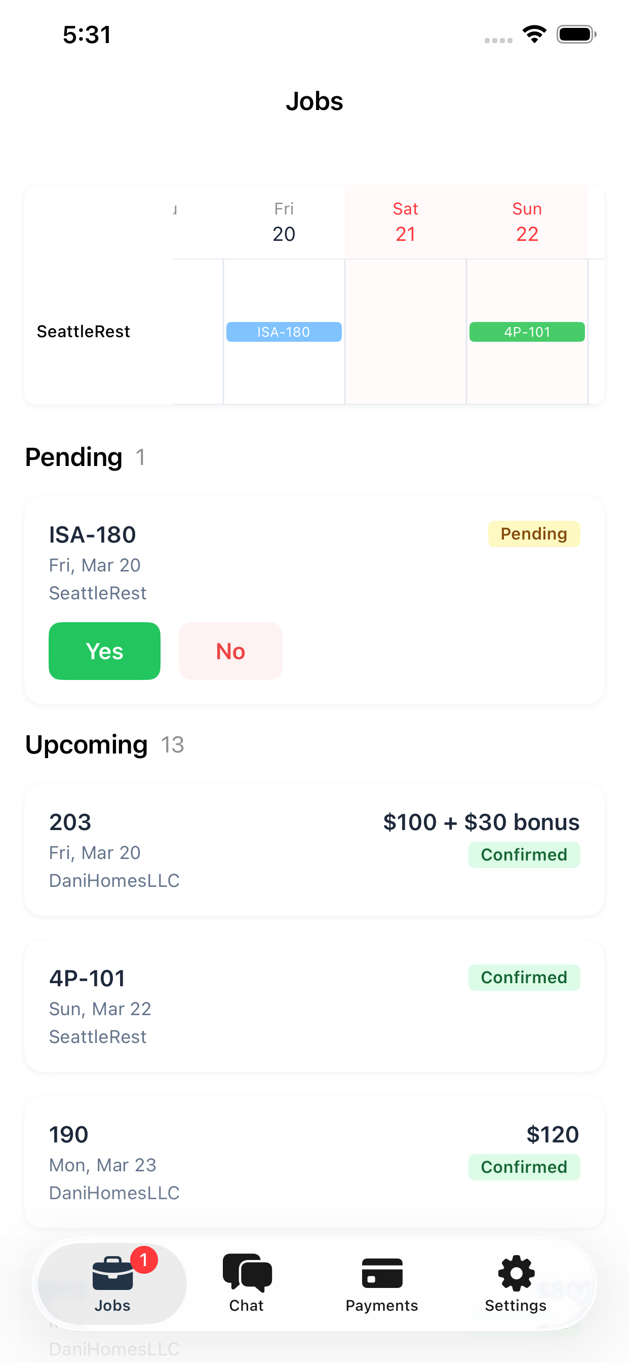 AllStay Crew app - Jobs screen