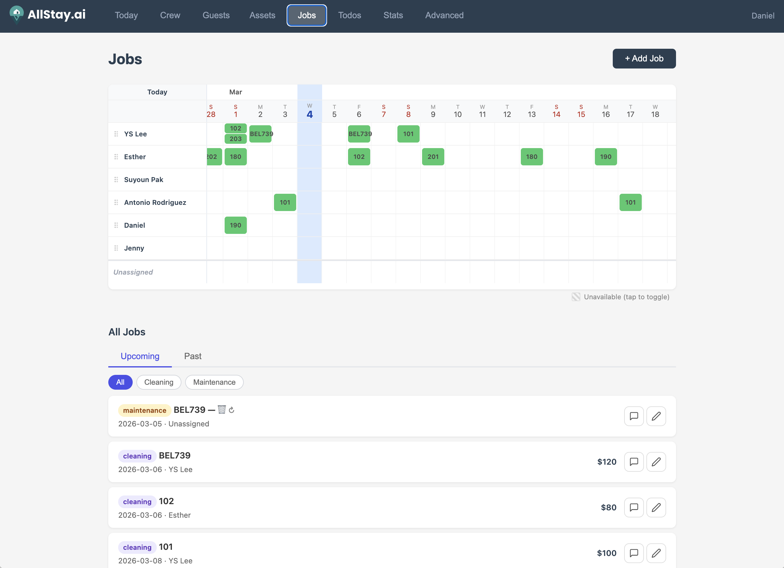 Crew scheduling calendar