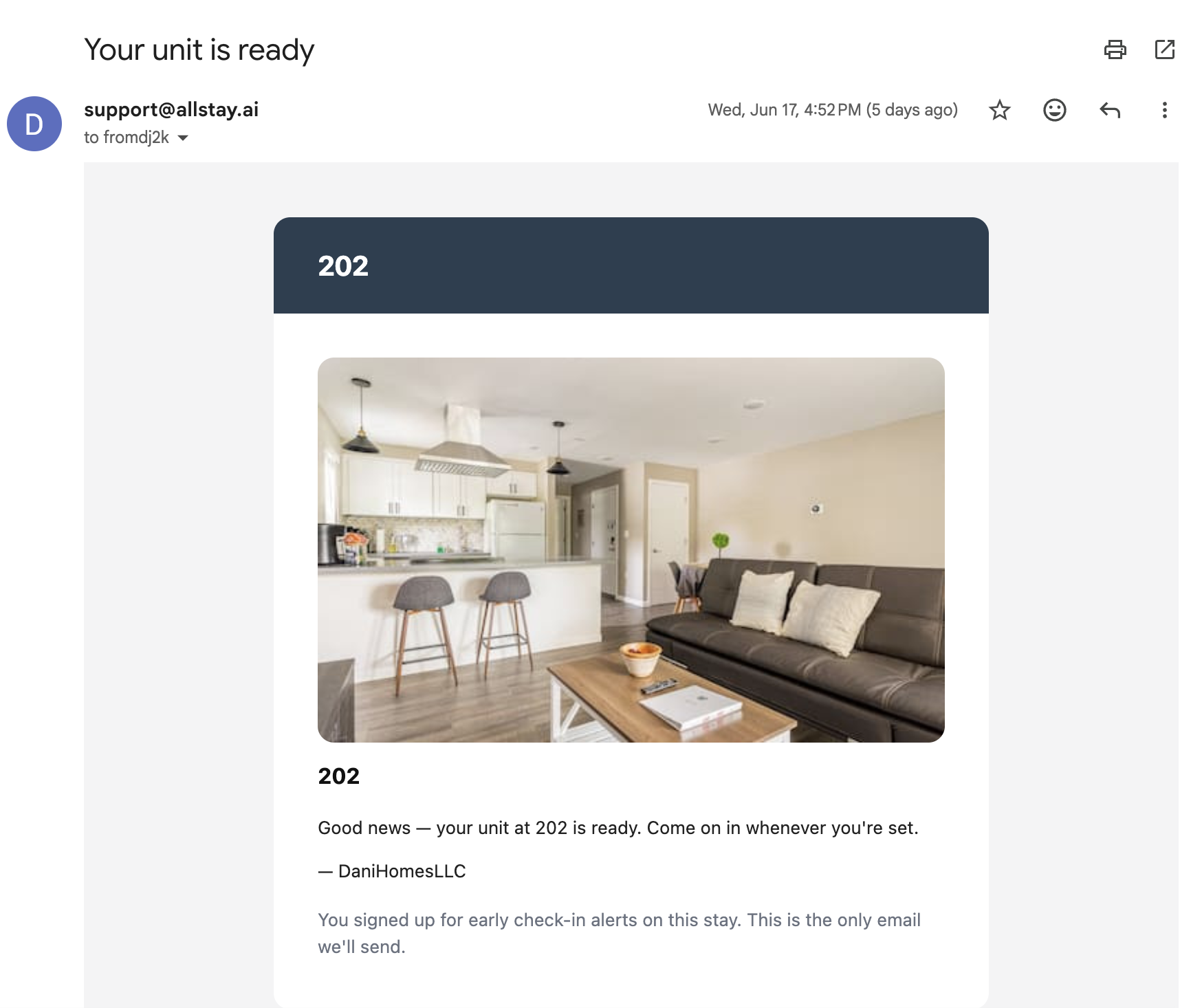 Guest automatically emailed that the unit is ready for early check-in